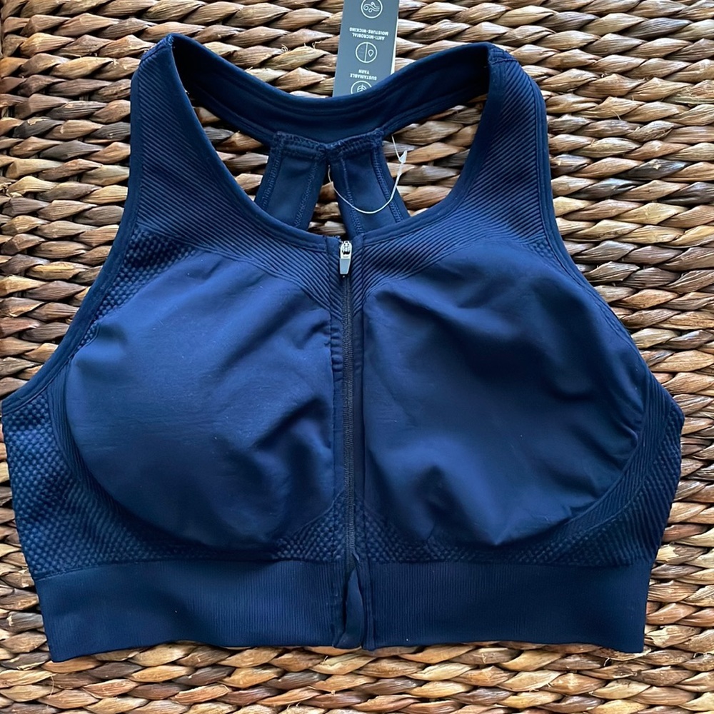 Navy zip front sports bra
